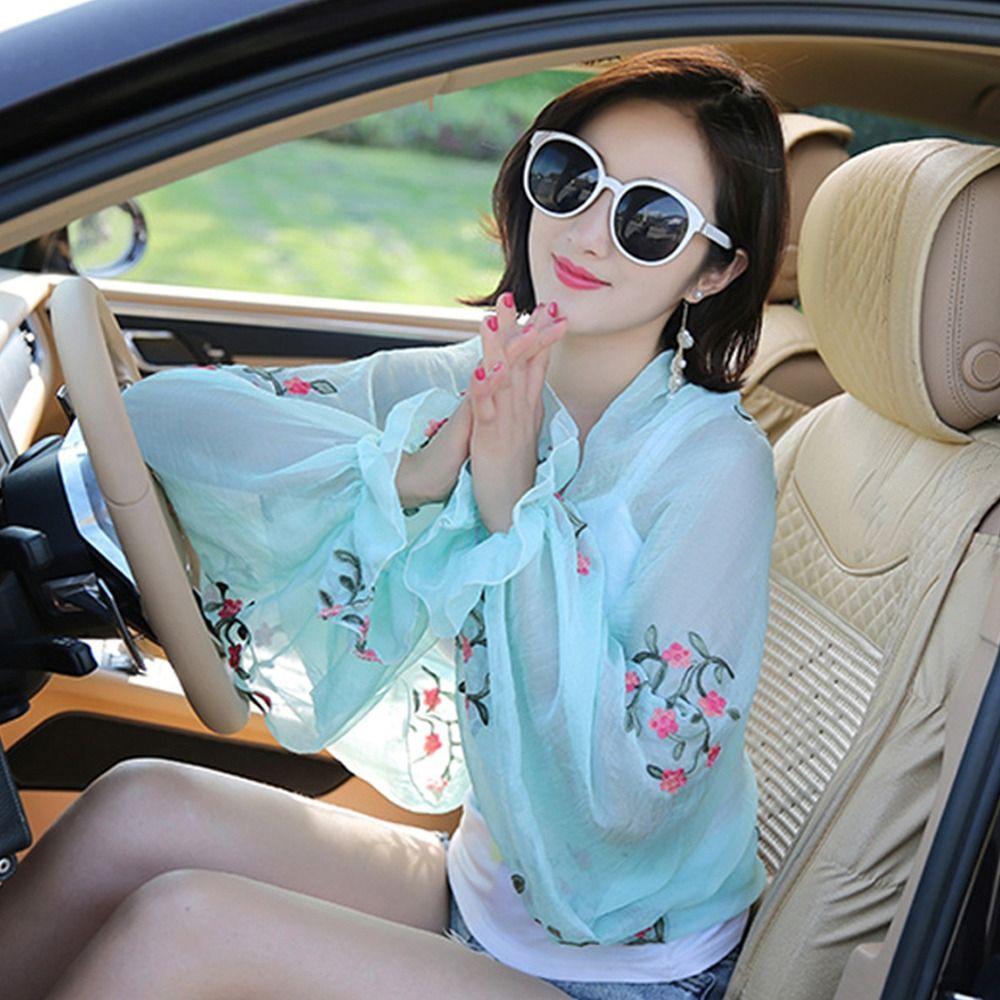 Summer Arm Warmers Embroidered Floral Long Shirt Sun Protection Sleeves Driving Scarf Beach Shawl