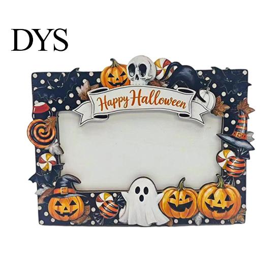 Halloween Picture Frame Wooden Photo Frame, Pumpkin Ghost Cat Cutout Holiday Portrait Holder, Double-sided Tabletop Decor for Home Party Indoor Table
