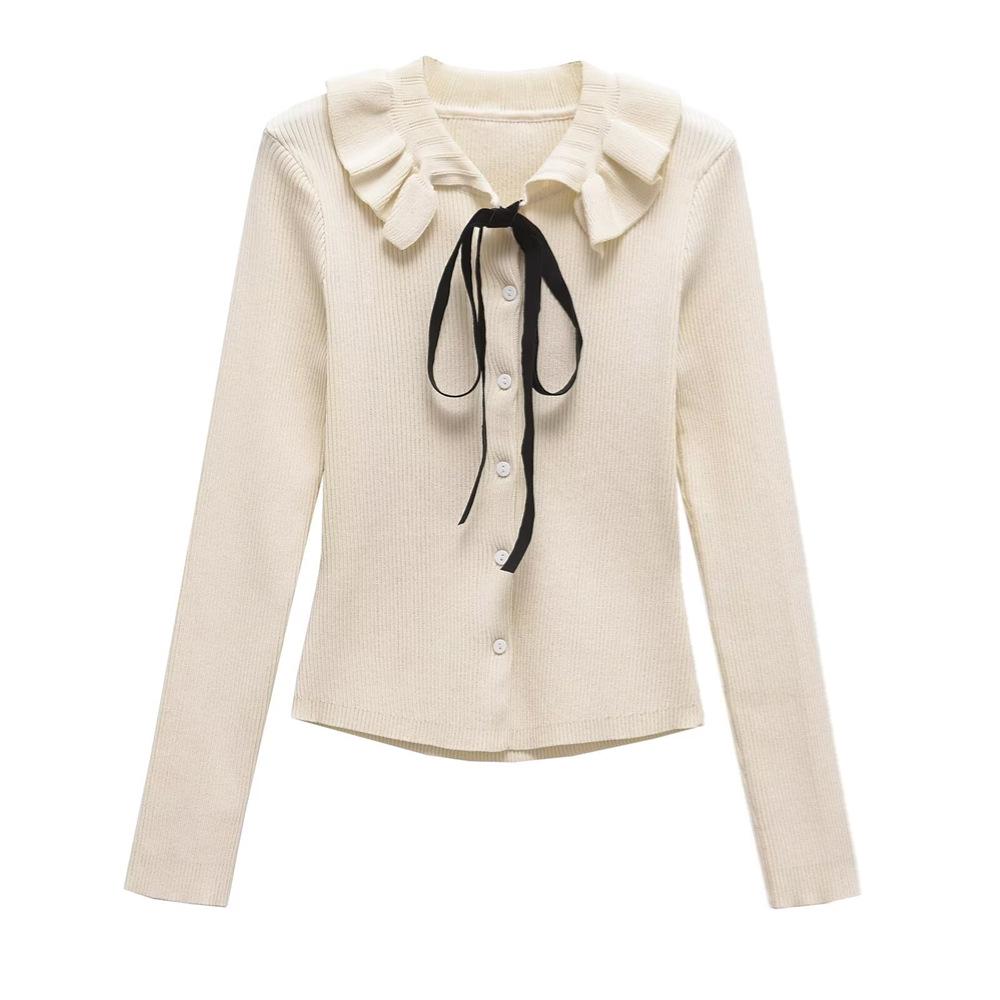

2025 Spring/Summer Women s Slim Fit Bow-Embellished Peter Pan Collar Top M