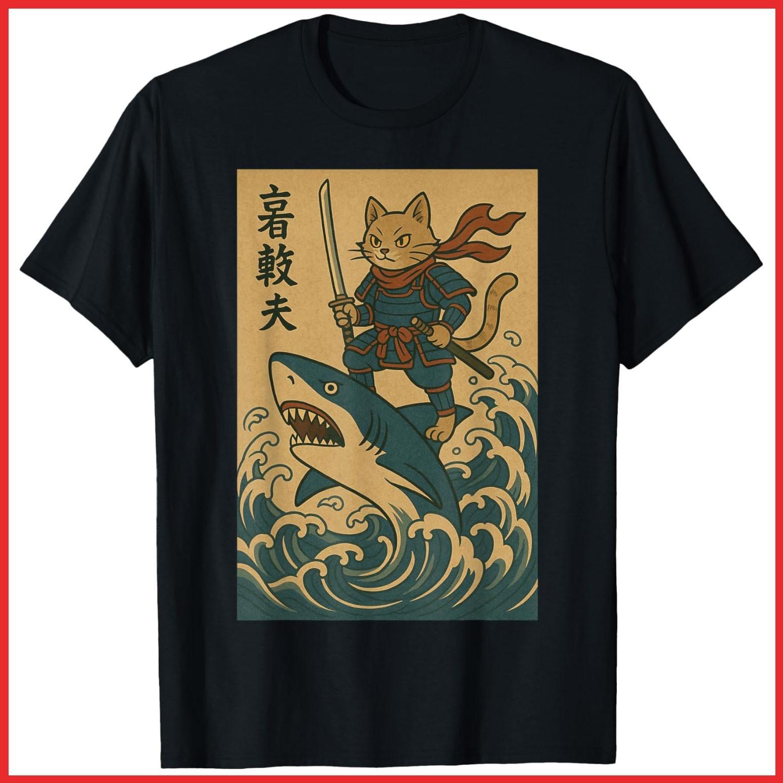 Vintage Japanese Anime Cat Samurai Riding Shark Great Wave Black Cotton T-Shirt M