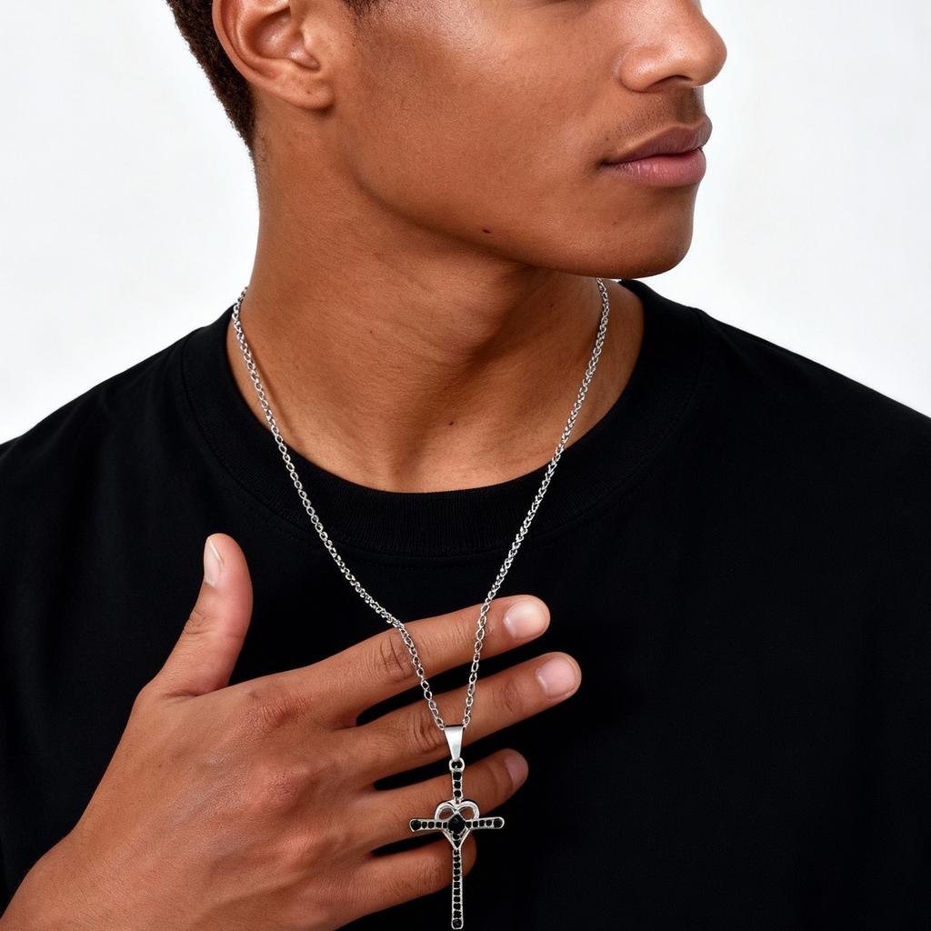 Fashion Chic Heart Cross Pendant Cubic Zircon Stainless Steel Necklace for Men Hip Hop Punk Jewelry Party Daily Wear