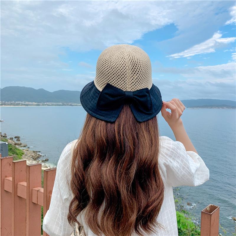 Hat women's summer mesh breathable versatile bucket hat basin hat bow sunshade sunscreen beach sun hat