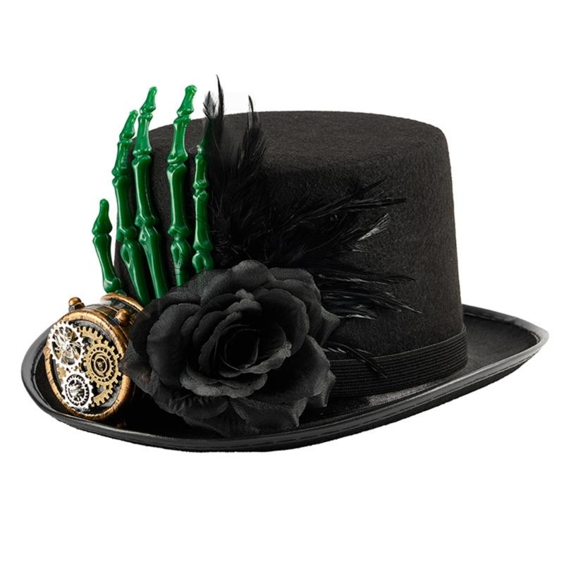 Accesoriu Costum Gotic Pălărie Cu Mână Schelet Design cu Pană Pălărie Cilindru din Lână Pentru Eveniment Tematic Adunare Halloween Pălărie verde/negru