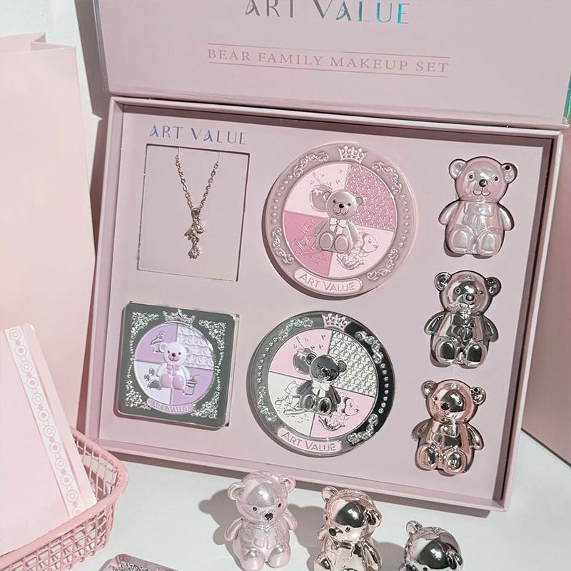 ART VALUE 7-delige Multifunctionele Make-up Sets Bevatten 3 Matte Lip Modder, 1 Compact Poeder, 1 Rouge, 1 Oogschaduw Palet En Ketting Cosmetica gray