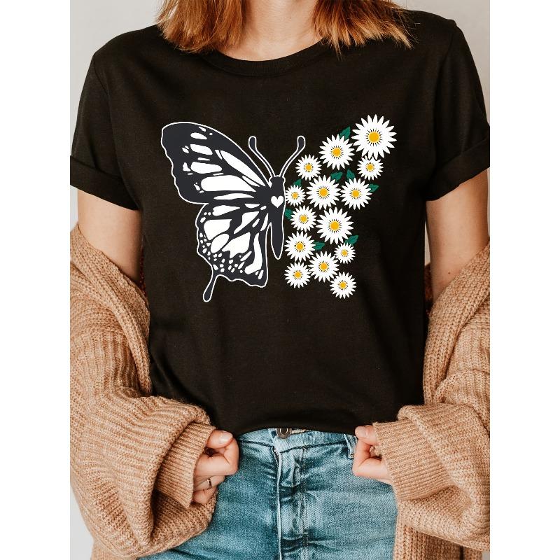 Women s Butterfly & Daisy Print Tee Crew Neck Short Sleeve Casual Spring Summer Top S