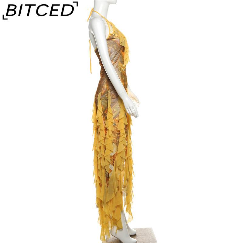 BITCED Sommer Sexy Rüschen Resort-Stil Neckholder Kleid für Frauen