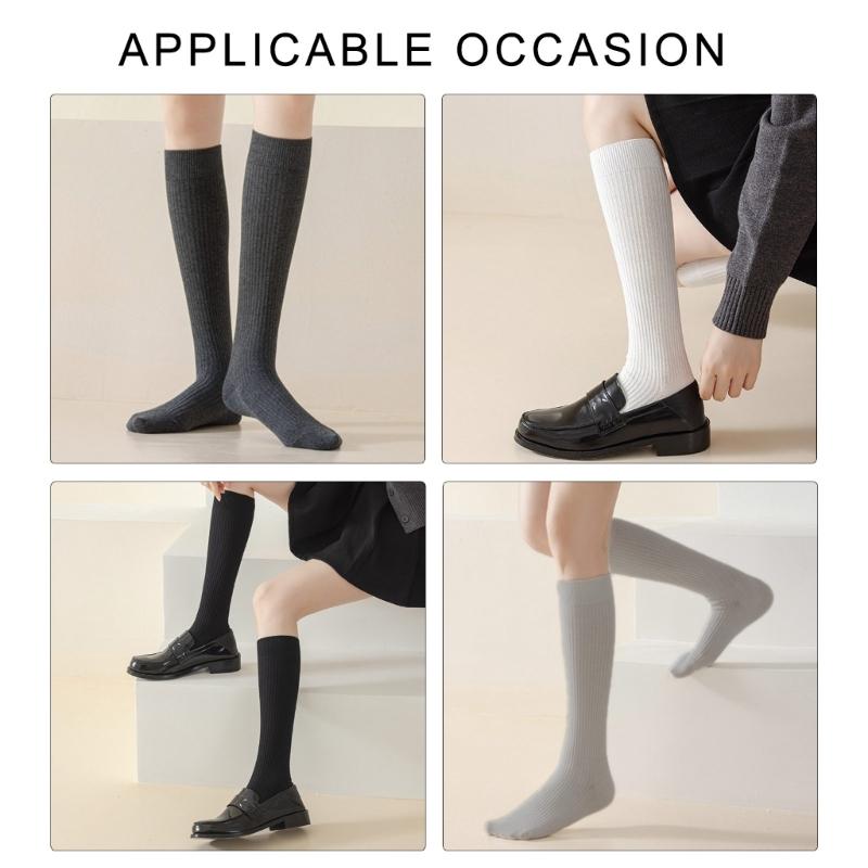 5 Pairs Women Rib Knitted Cotton Over The Calf Socks with Thick Double Stitching Classical Solid Color Knee Length Socks