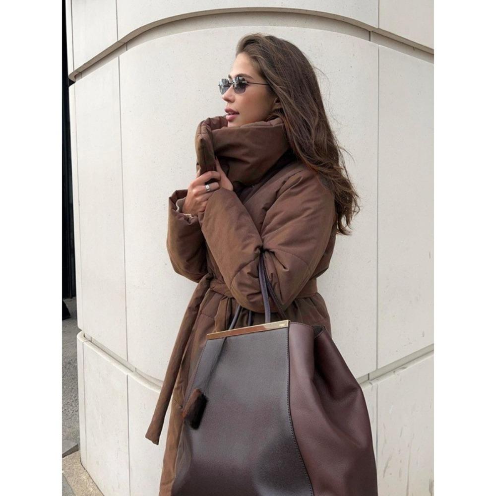 Women Long Wrap Puffer Coat Wide Collar Belted Waist Winter Warm Outerwear