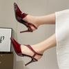 Fashion 2025 Summer New Patent Leather Pointed Toe Sexy Fine Heeled High Heels Red Career Back Hollow Slides Designer Sandalias De Mujer