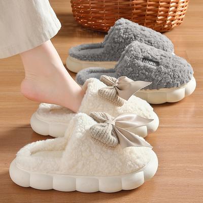 Cotton Shoes Platform Non-slip Slippers Cotton Mop Warm Home Household Men's Winter Bow Confinement Shoes Cotton Slippers Women