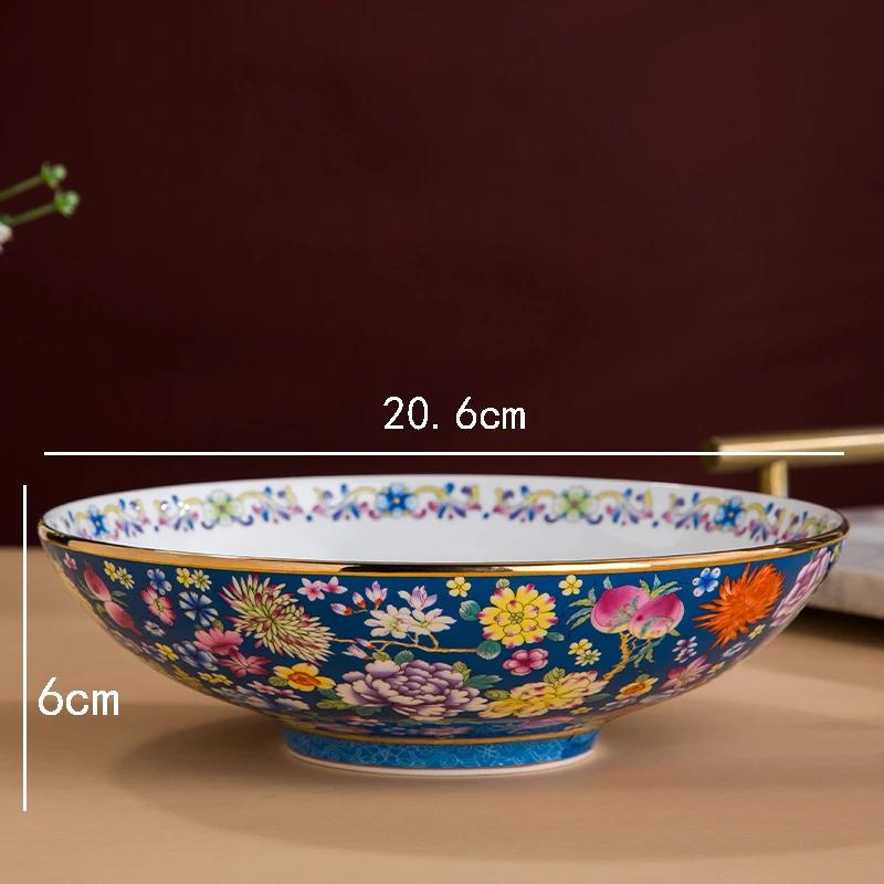 Gold Stroke 8 Inches Large Soup Bowls Salad Bowl Ceramic Plate Palace Style Restaurant Home Ten Thousand Flower Enamel Tableware