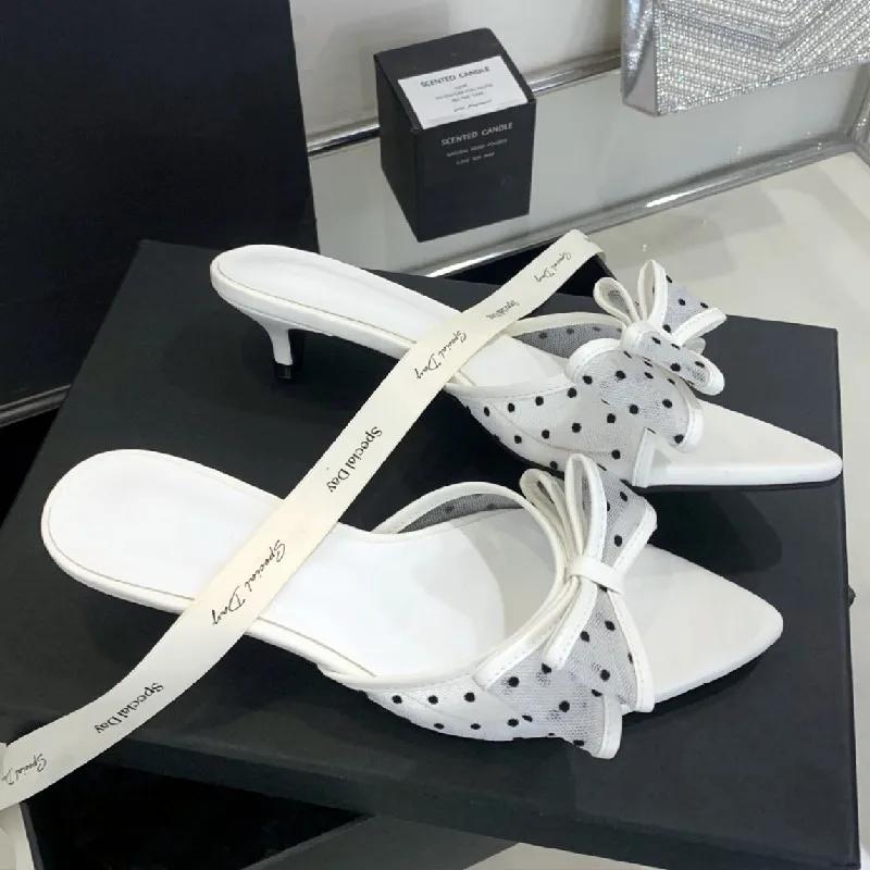Fashion Elegant Mesh Polka Dot Bow Design Women Slippers Sexy Open Toe Kitten Heel Slide Sandals Fashion Pointed Toe Zapatos De Mujer