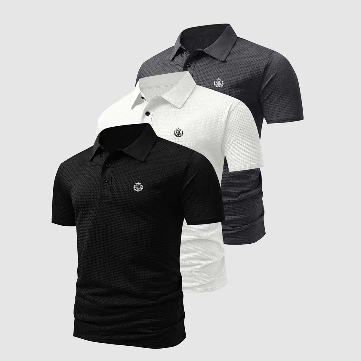 

Мужские 3 шт. Вафельные Поло с Принтом Королевской Короны Повседневные Топы с Коротким Рукавом Мягкие Эластичные Для Ежедневной Носки L серый/чёрный