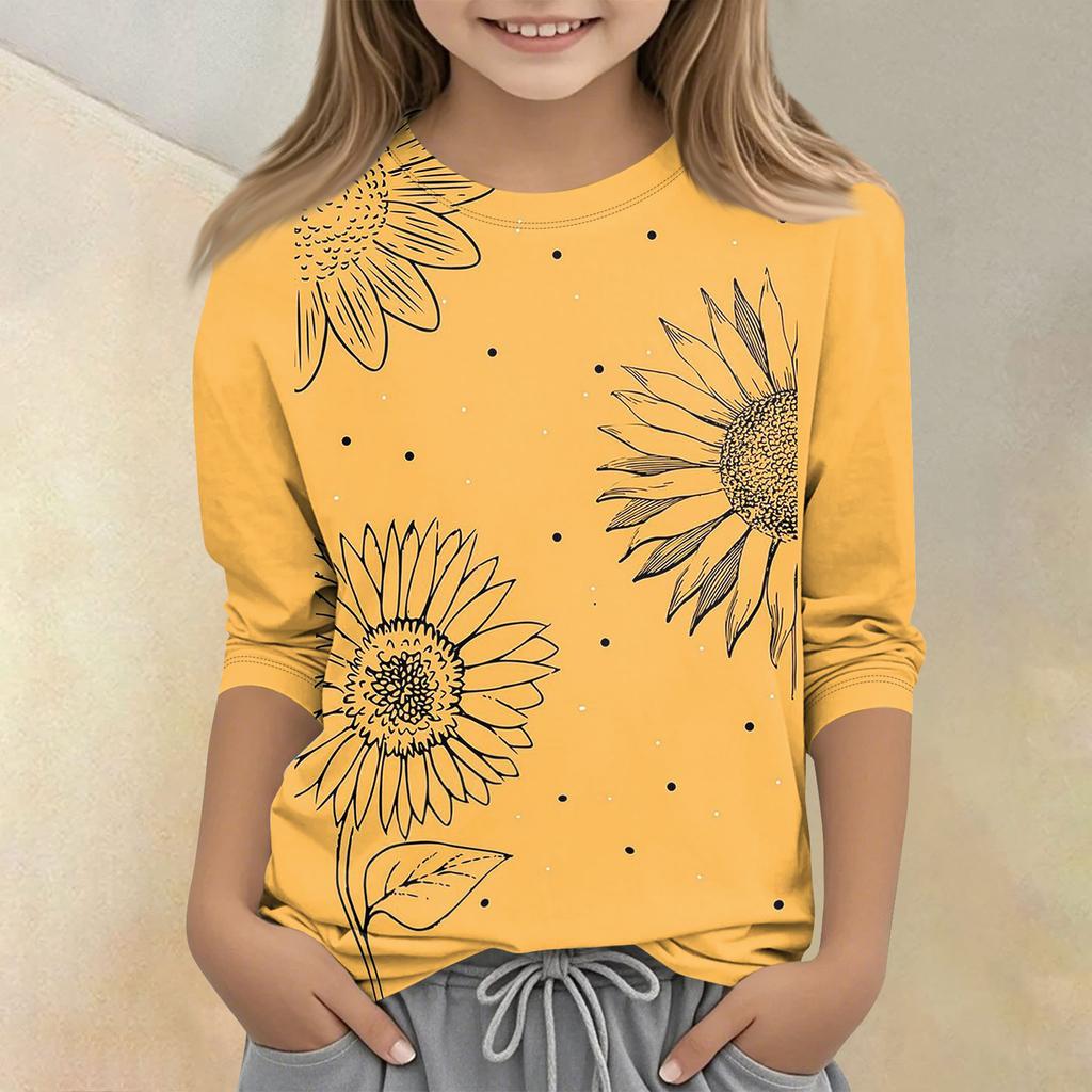 Children's Printed Round Neck Seven Quarter Sleeve Casual T-shirt