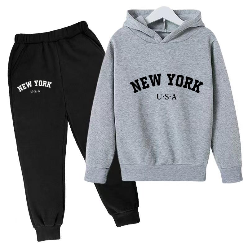 Kids Fashion Hoodie Boy Girl Toddler Pullover 3-12Years NEW YORK USA Letter Print Clothes Casual Top+Trousers 2P Coat Sports Set