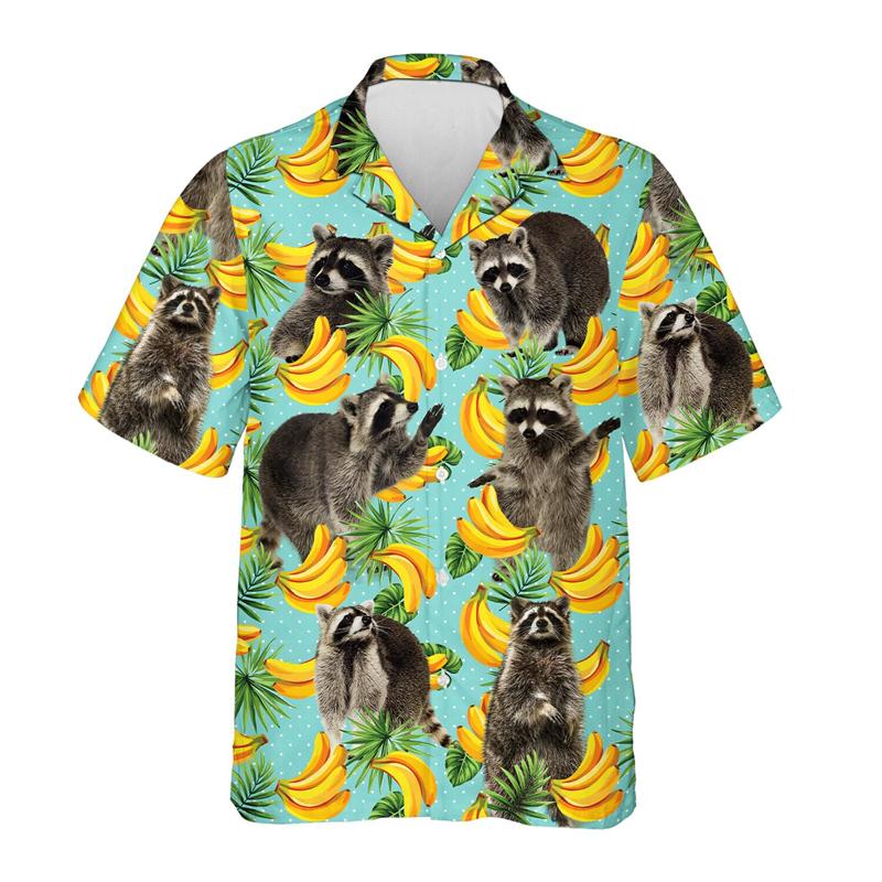 Magliette Divertenti con Stampa 3D di Procione da Uomo Camicetta Casual Hawaiana a Maniche Corte con Collo a Revers Camicia a Maniche Corte Estiva da Donna per le Vacanze