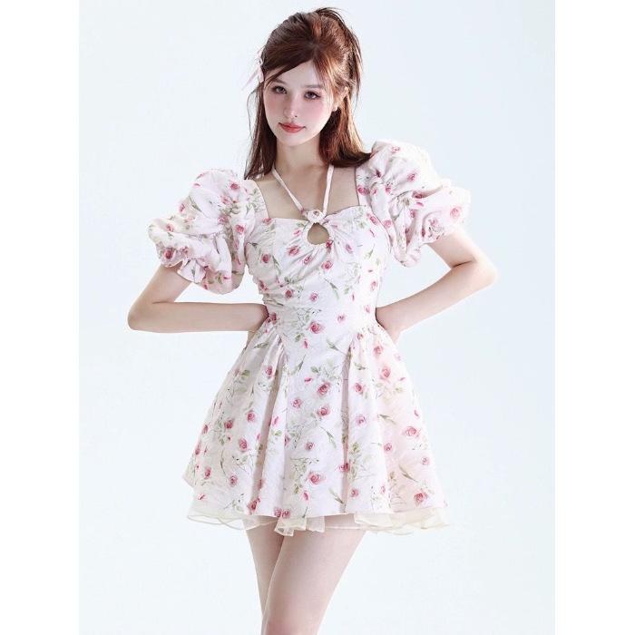 

First Love Sweet Floral Dress Women s Summer New Waist Skinny Small Fresh Running Princess Fluffy Short Dress S