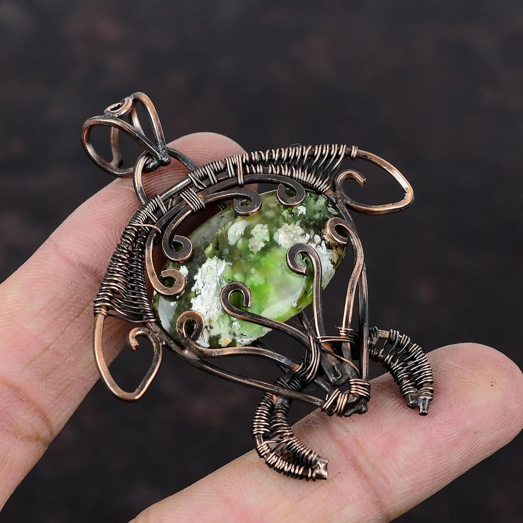 Australian Chrome Chalcedony Pendant Copper Wire Wrapped Pendant Tortoise Design Pendant Gemstone Jewelry For Gift Handmade Copper Jewelry