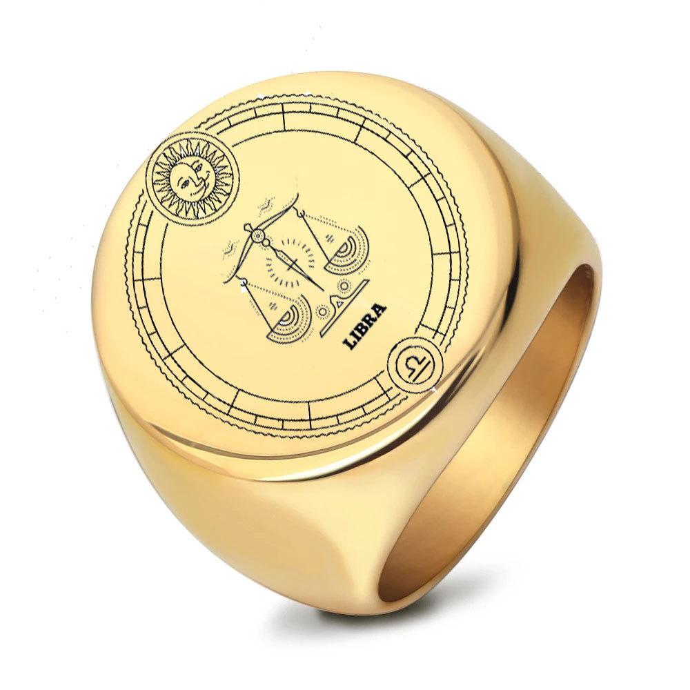 22mm Round Stainless Steel Zodiac Sign Men Ring Retro Fashion Index Finger Ring for Men