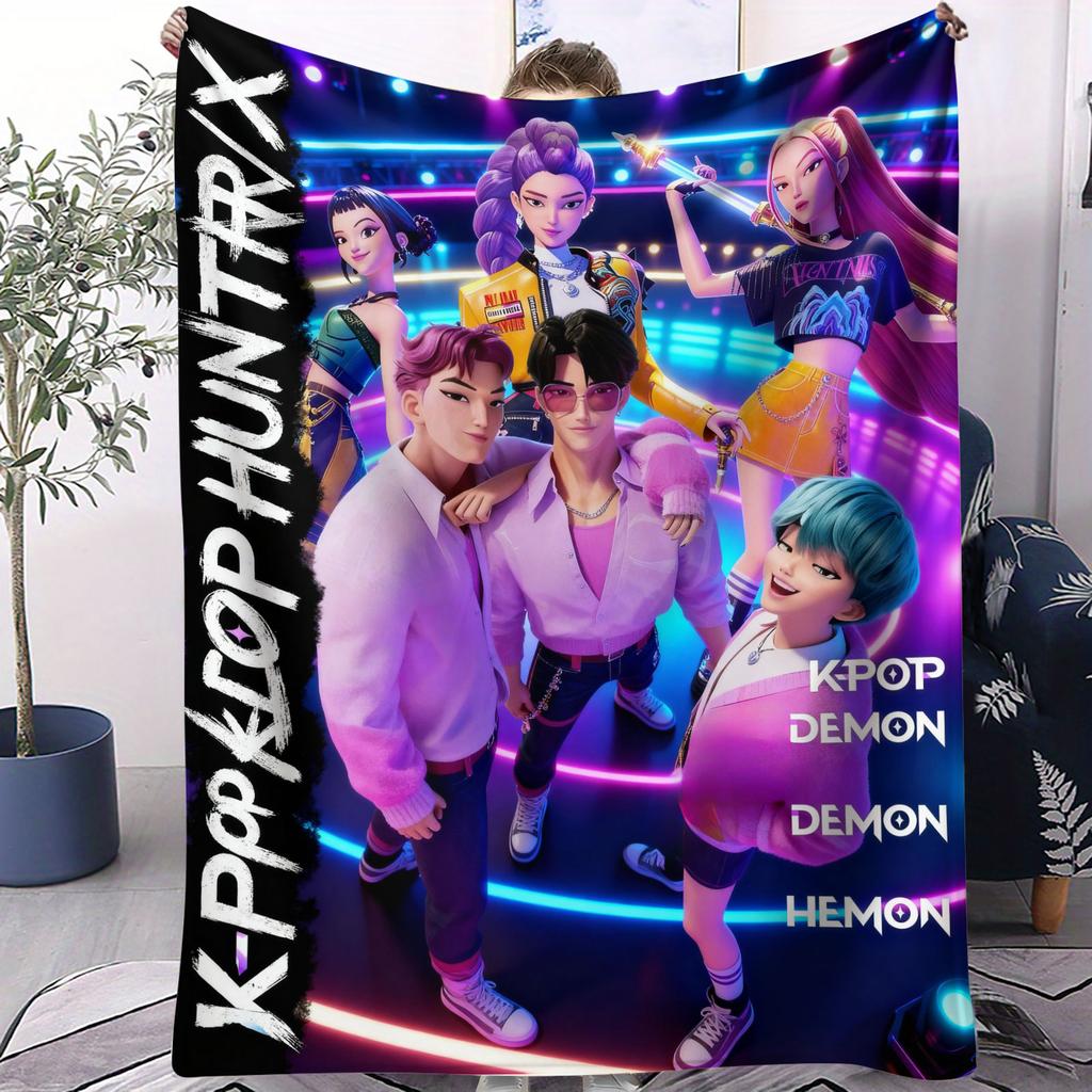 K-Pop Pink Style Blanket Demon Hunters Flannel Throw Blanket Hot Anime Soft Warm for Living Room Sofa Bed Cover Camping Fan Gift