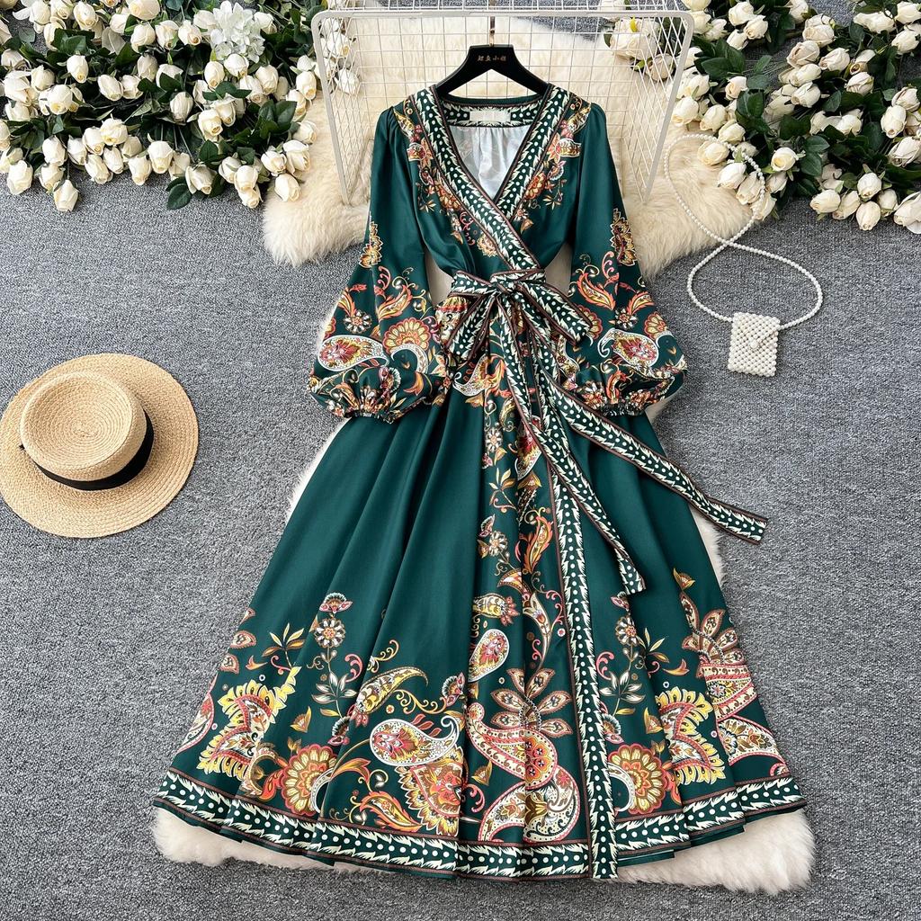 New Printted High Street Dresses For Women V Neck Long Sleeve Patchwork Sashes Temperament Dress Female Dresses