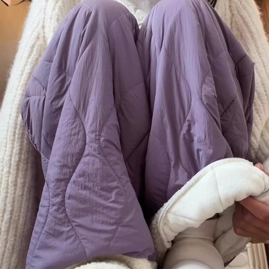 Women Cotton Pants Elastic High Waist Solid Color Wide Leg Causal Trousers with Pockets Thickened Plush Lining Winter Pants