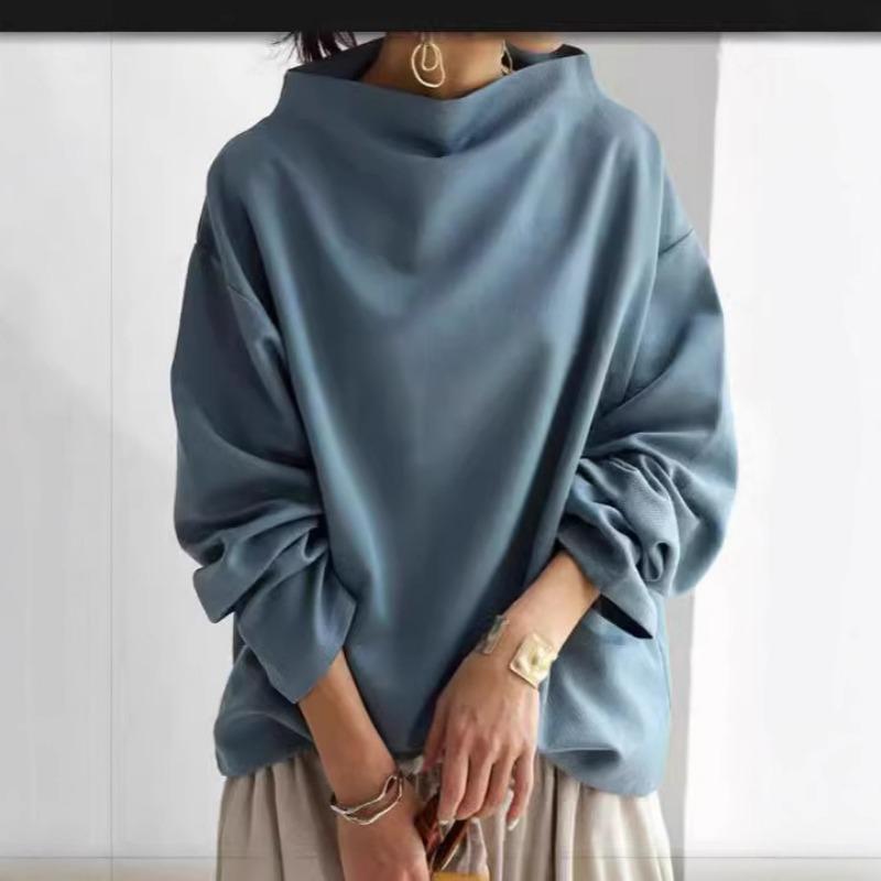 Autumn Winter Solid Color Long Sleeved Pullovers Fashion Semi High Neck Women's Casual Loose Bottom Top
