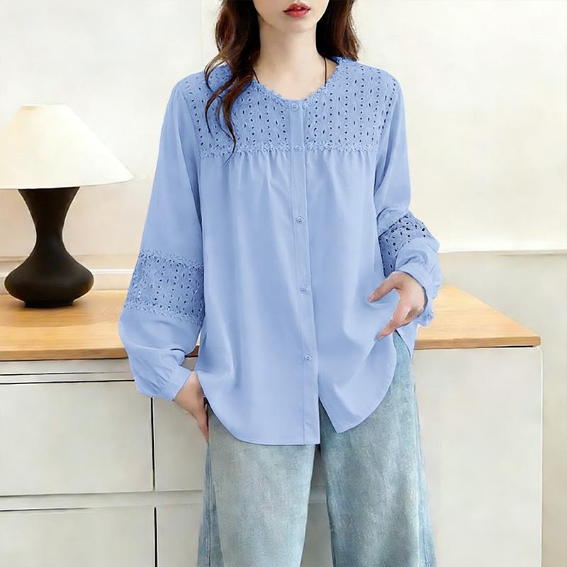 ZANZEA Dámská ležérní halenka s kulatým výstřihem a volným dlouhým rukávem