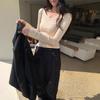 Korean Style Pink V-Neck Slimming Cropped Long Sleeve Women's Top - Autumn/Winter Collection