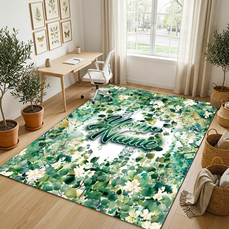 Floral Garden Theme Crystal Velvet Rug Personalized Custom Name Text Soft Floor Mat Home Decor