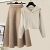 Petite Two-Piece Set: Peter Pan Collar Cable Knit Sweater + High-Waisted A-Line Knit Midi Skirt, Autumn/Winter Style.