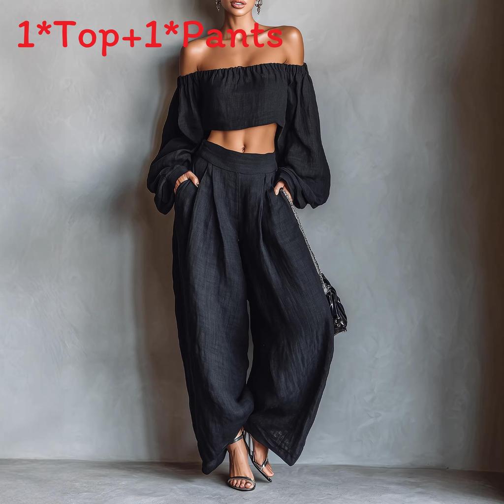 Spring Womens Off Shoulder Crop Top And Wide Leg Pants Set With Spliced Design For Casual Wear