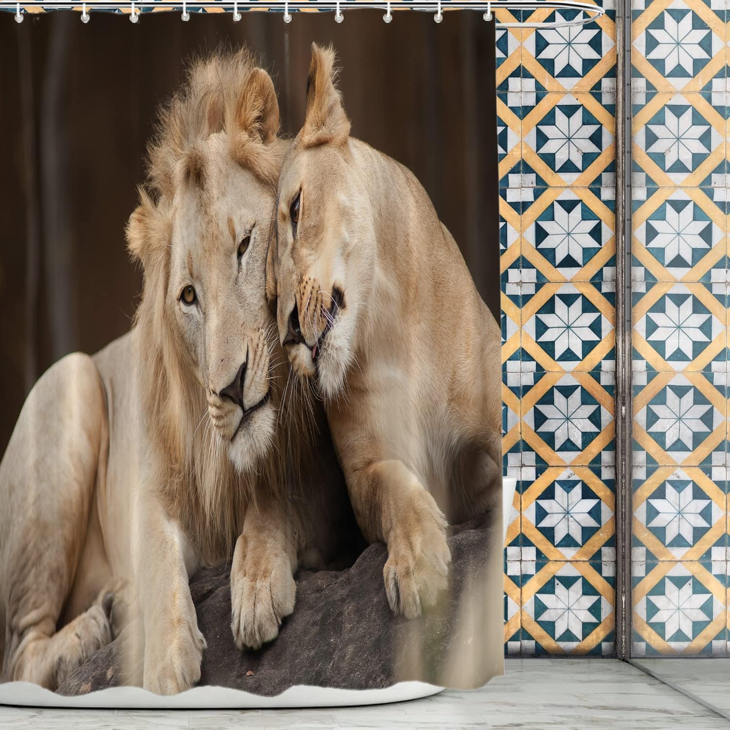 Lion and Lioness Shower Curtain Wildlife Animal Couple Realistic Design Safari Theme Nature Art Bath Decor Waterproof Fabric 90x180cm35x71in