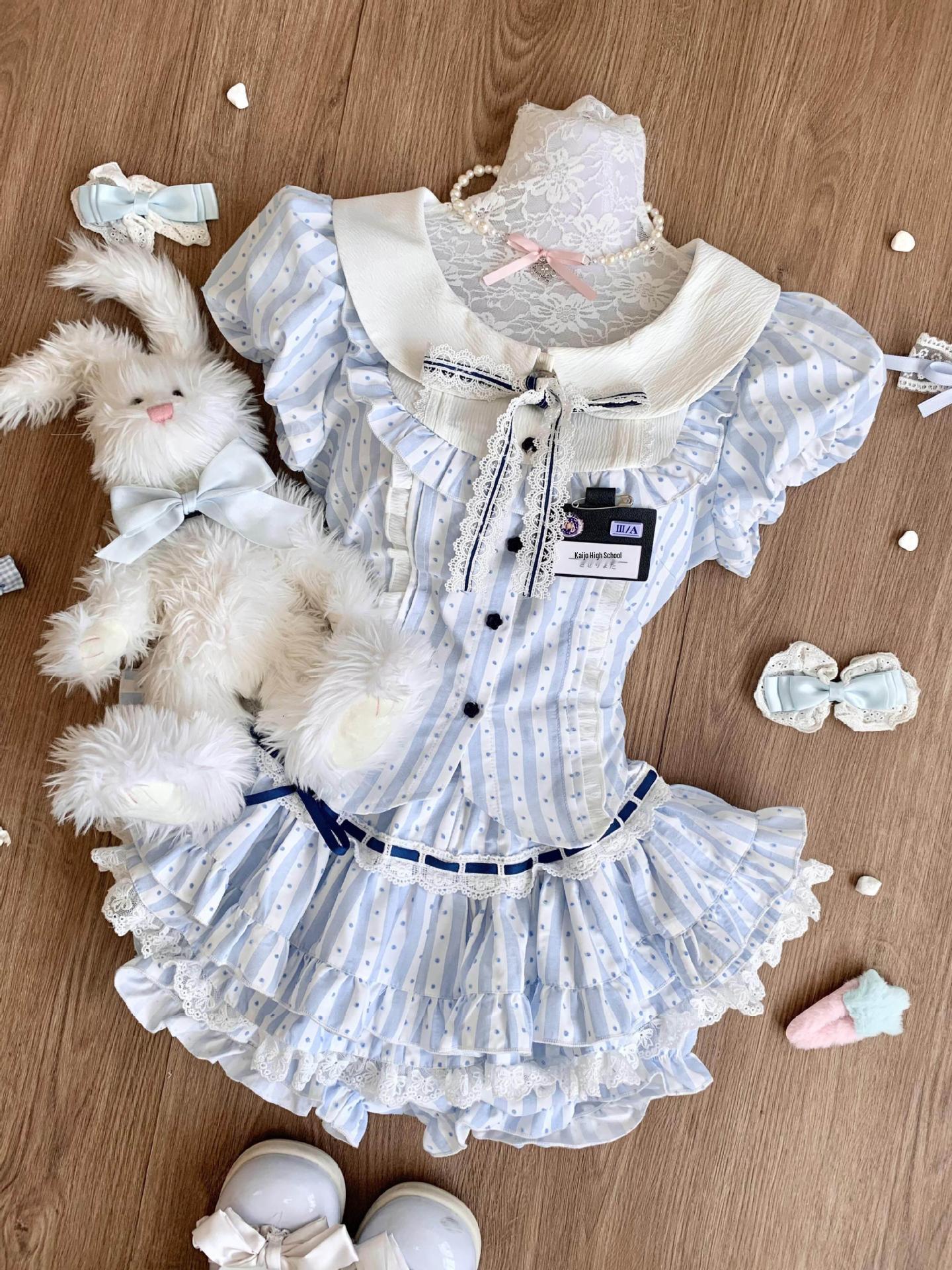 

New Summer Academy Style Blue Polka Dot Puff Sleeve Top & Ruffle Skirt Set Medium