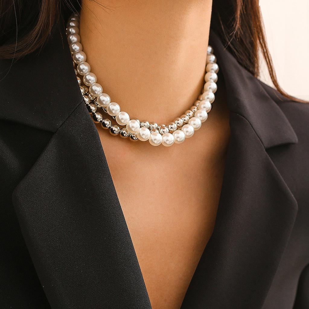 European and American jewelry, exaggerated cyberstyle multi-layer round bead stacking necklace, simple and personalized beaded necklace