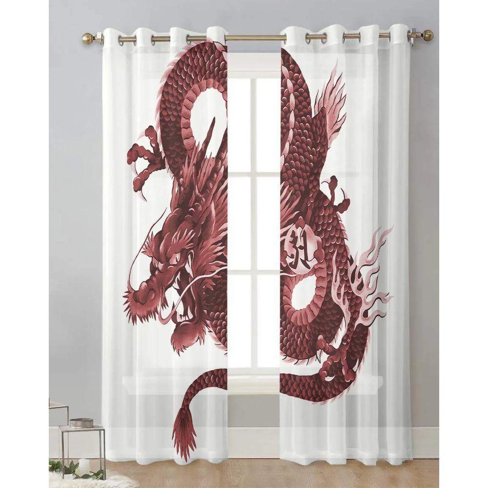 Asian Red Angry Dragon Chiffon Sheer Curtains for Living Room Bedroom Home Decoration Window Voiles Tulle Drapes Curtain