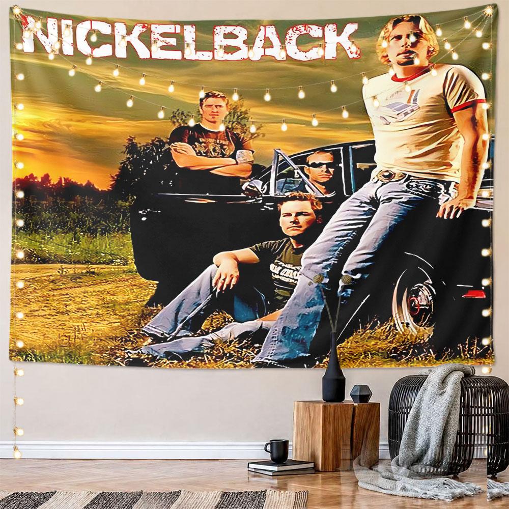 Band posing near a black car with a grassy backdrop and sunset sky. Patterned tapestry for bedroom and living room home decor