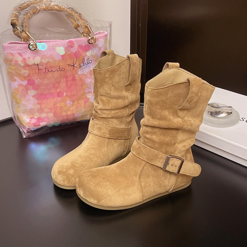 Fashion Retro Stacked Boots Internal Height 3cm Women Autumn Shoes Suede Flat Bottom Casual Slip on Metal Buckle Soft Ankle Boots Female