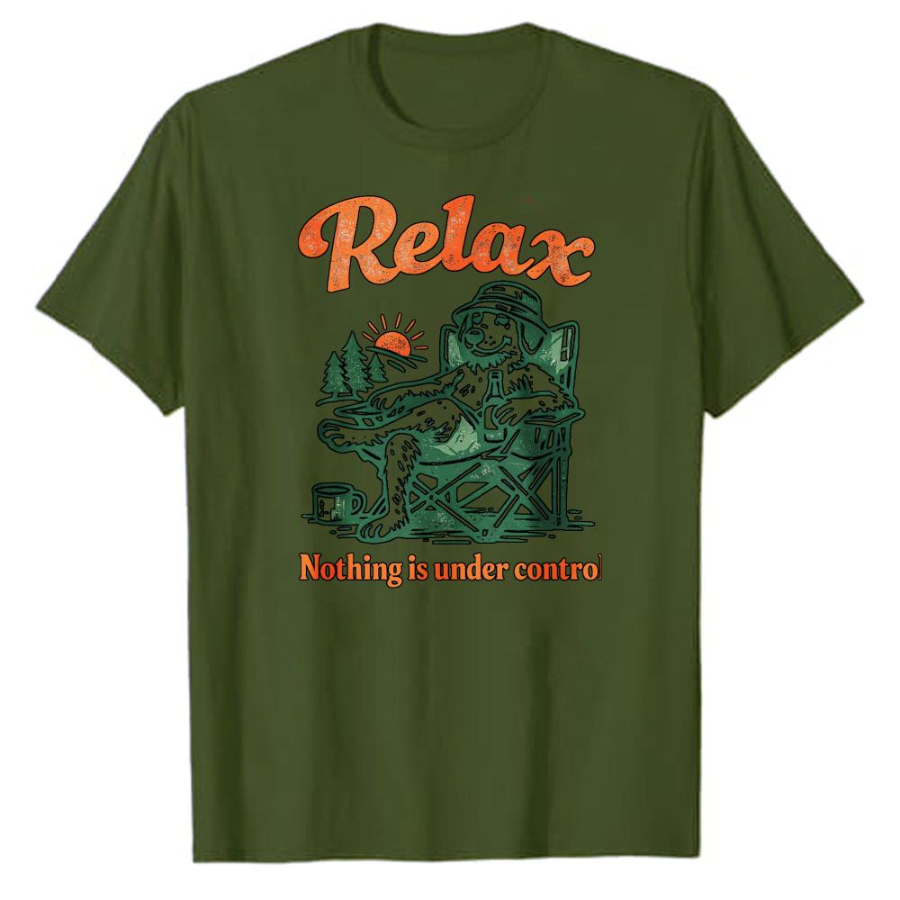 Retro Relax Nothing Is Under Control Bear Camping Forest Sunset Graphic Unisex Cotton T Shirt Print Outdoor Leisure Casual Tees