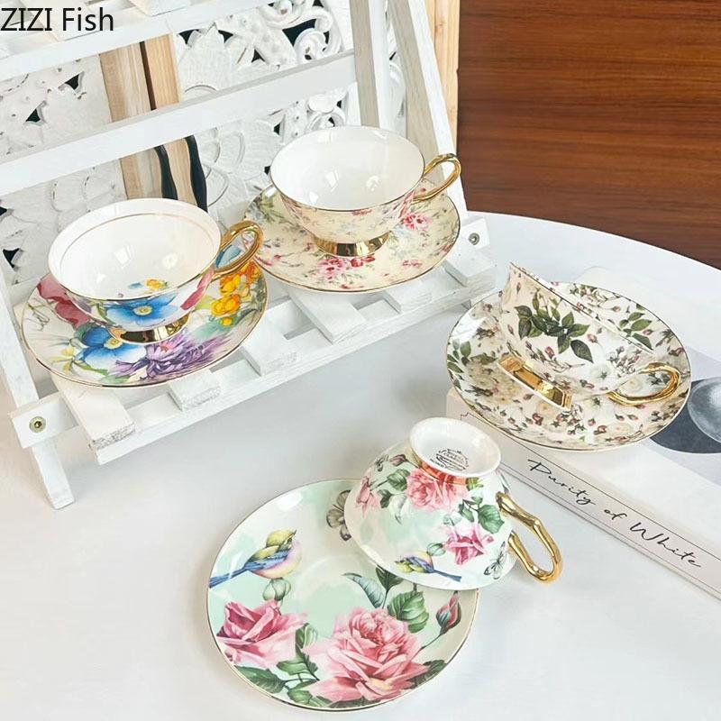 Brilliant Flowers Pattern Ceramic Cup&saucer Gold-plated Coffee Mug Dining Table Milk Mugs Afternoon Tea Teacup Fruits Juice Cup