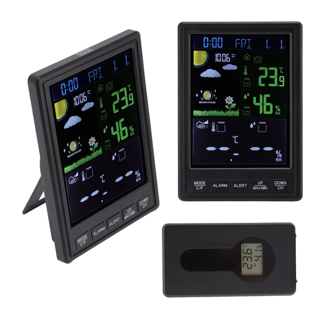 Weather Stations Wireless Indoor Outdoor Color Display Black 3 Channels Regulable Backlight Clock