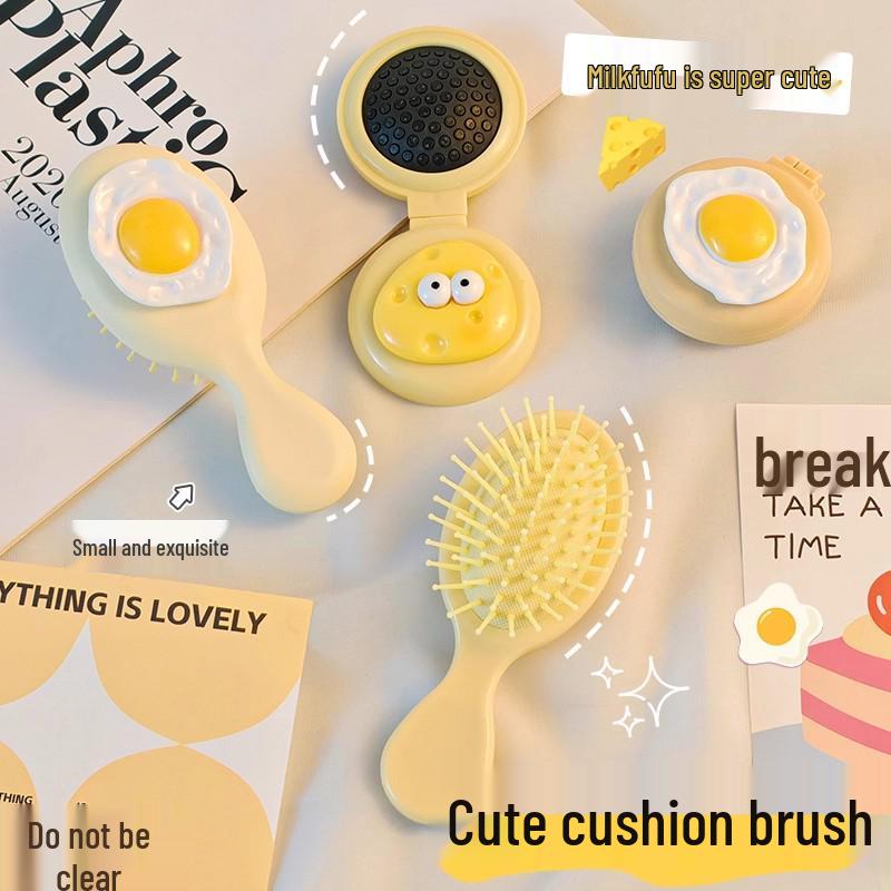 Girlish Foldable Mirror Brush: Cute, Portable Cushion Comb with Fluffy Massage Feature