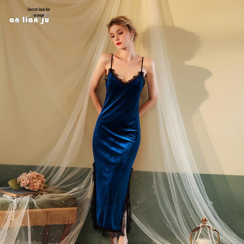 Fiyun Cămașă de noapte sexy din catifea cu dantelă cu decolteu adânc în V și set de pijama