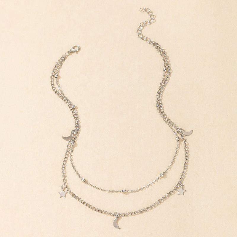 Korean Double Layer Beaded Necklace with Moon and Star Charm