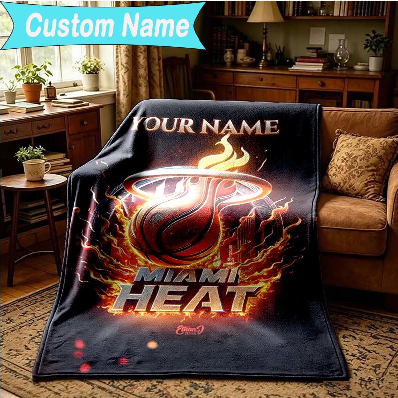 1PC Custom Name Blanket Heat Miami Team Spirit Flannel blankets Patterns Throw Blanket All-Season Soft Gift for Couch, Bed, Camping, Birthday gifts