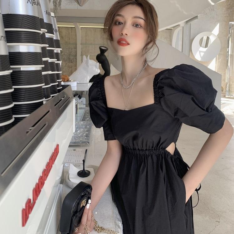 Abito vintage francese Abito da donna casual con maniche a sbuffo Abito intero coreano con fasciatura gotica Abito midi nero Abito da sera femminile Chic
