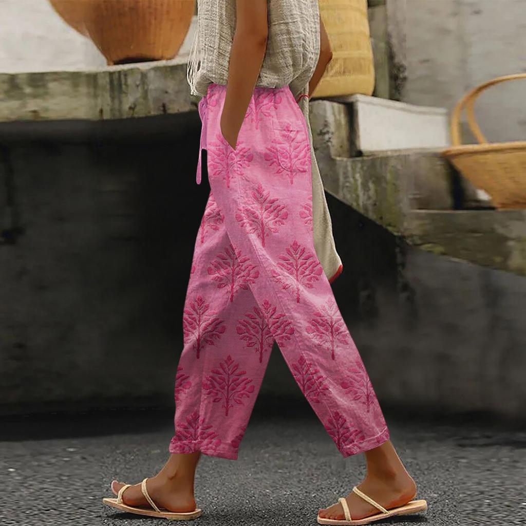 Damen Modische Hose mit Blumenmuster, Kordelzugtaschen und elastischem Bund für Freizeit