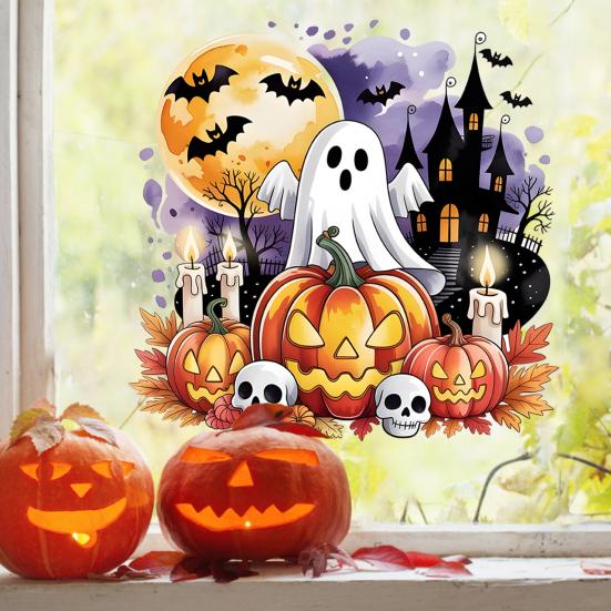 Creative Halloween Gift Ideas Static Window Clings, Watercolor Pumpkin Ghost Skull Decals, No Large Decals for Parties Glue Glass Stickers Living Room