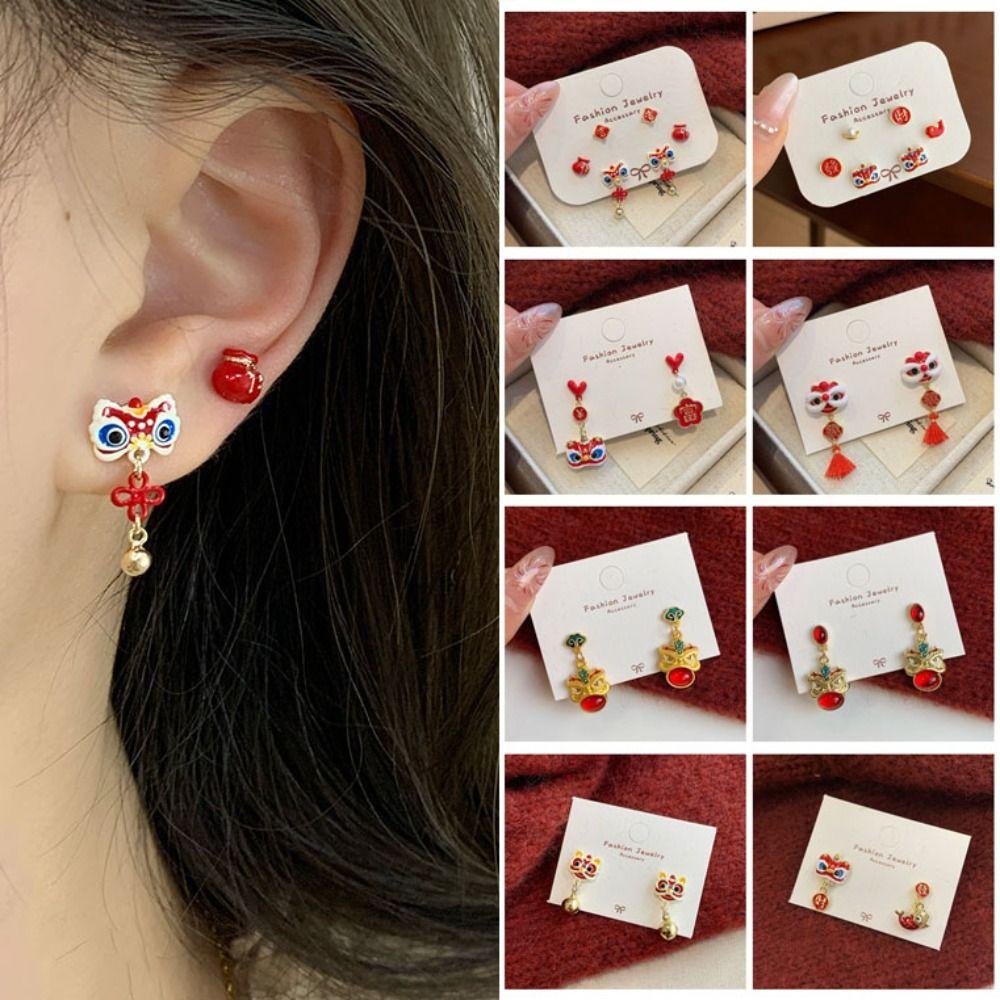 Good Luck Lion Dance Earrings Set Tassel New Year Earrings Trendy Bell Ear Studs  Ear Accessories