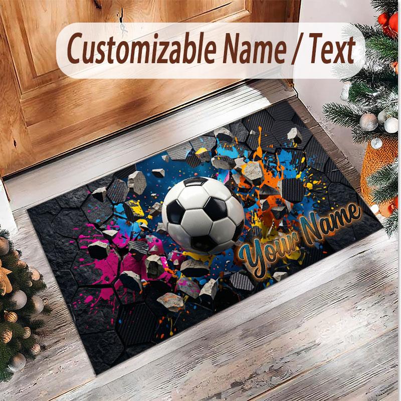 Fußball-Thema Weicher Kristall-Samt Teppich Benutzerdefinierter Name & Text Druck Rutschfester Boden Teppich für Schlafzimmer Wohnzimmer